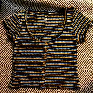 PacSun ME to WE XS Striped Yellow, Green and Blue Crop Shirt W/ Decor Buttons